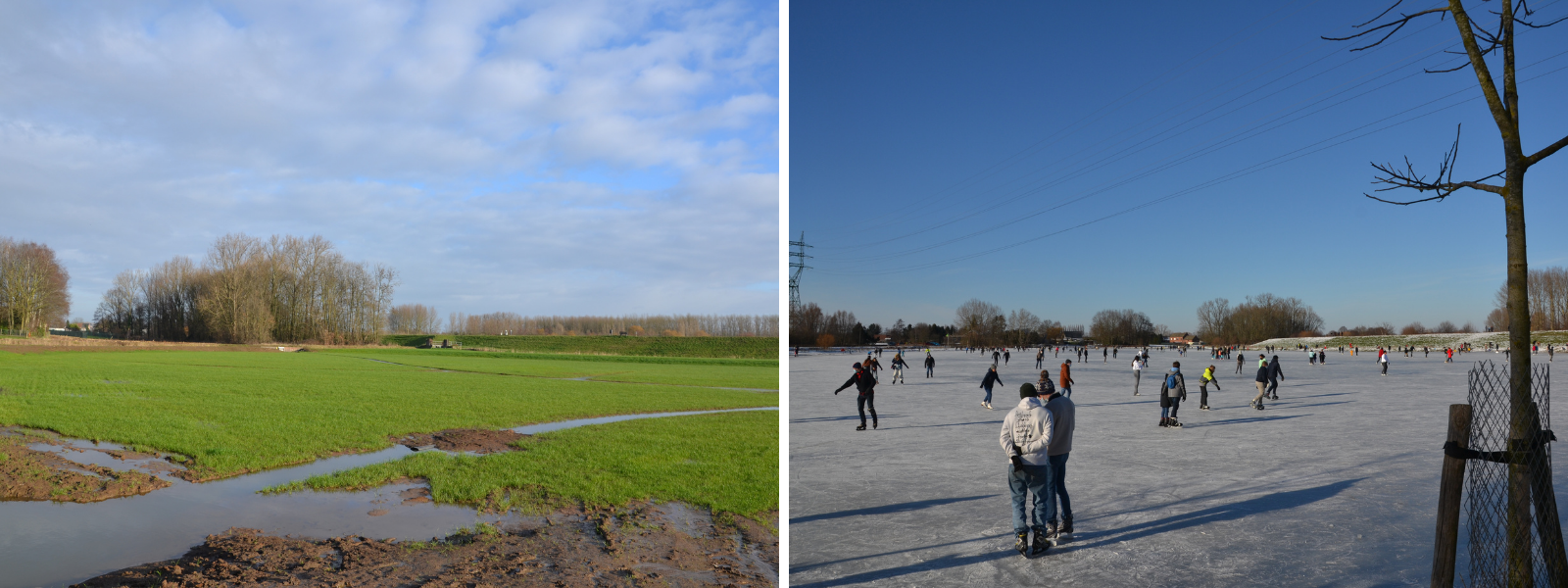 À gauche : la transformation du Bleukensweide en zone inondable ; à droite : le Bleukensweide métamorphosé en patinoire