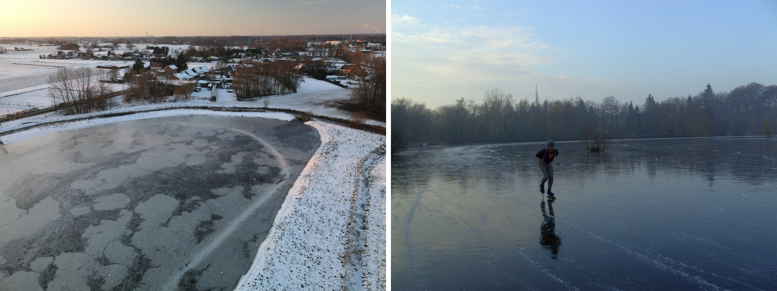 À gauche : les photos prises par les drones aident à analyser la formation de la glace ; à droite : de la glace noire, le rêve de tous les patineurs