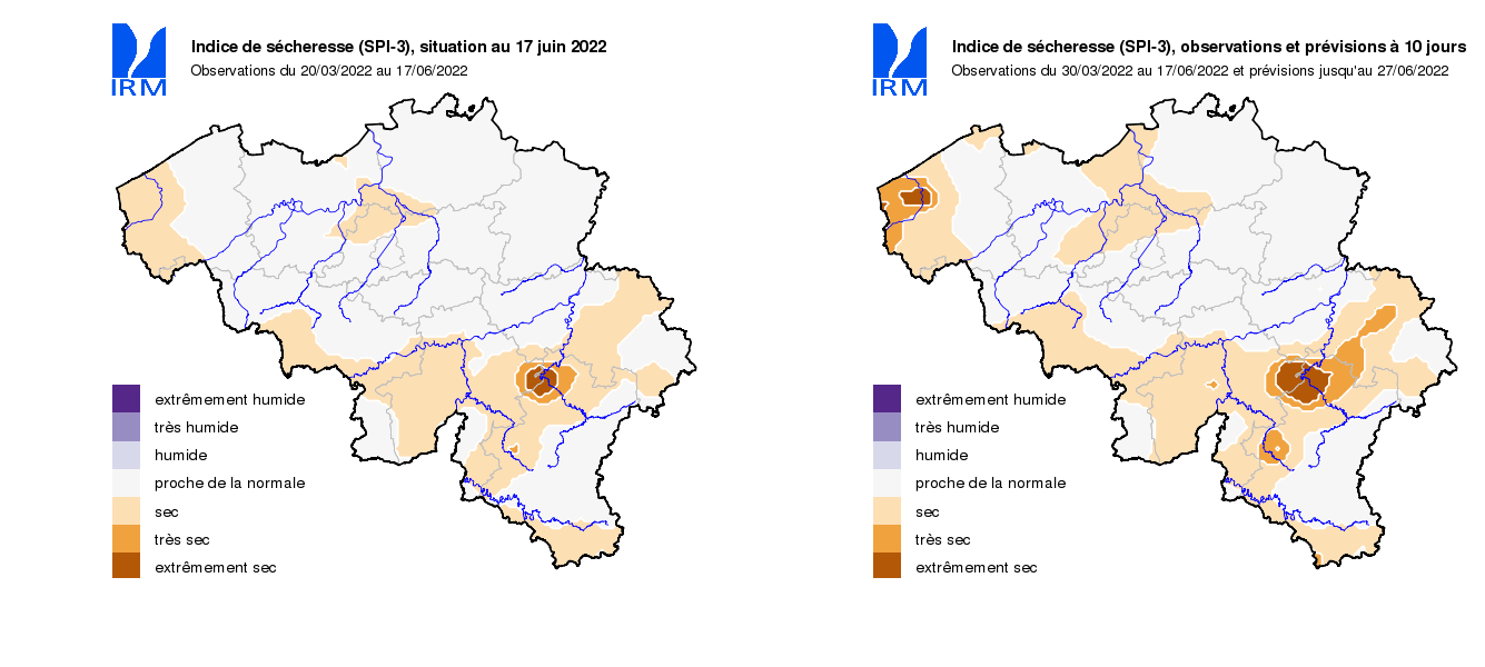 Cartes de l'IRM montrant l'indice de sécheresse actuel (à gauche) et les prévisions à 10 jours (à droite)