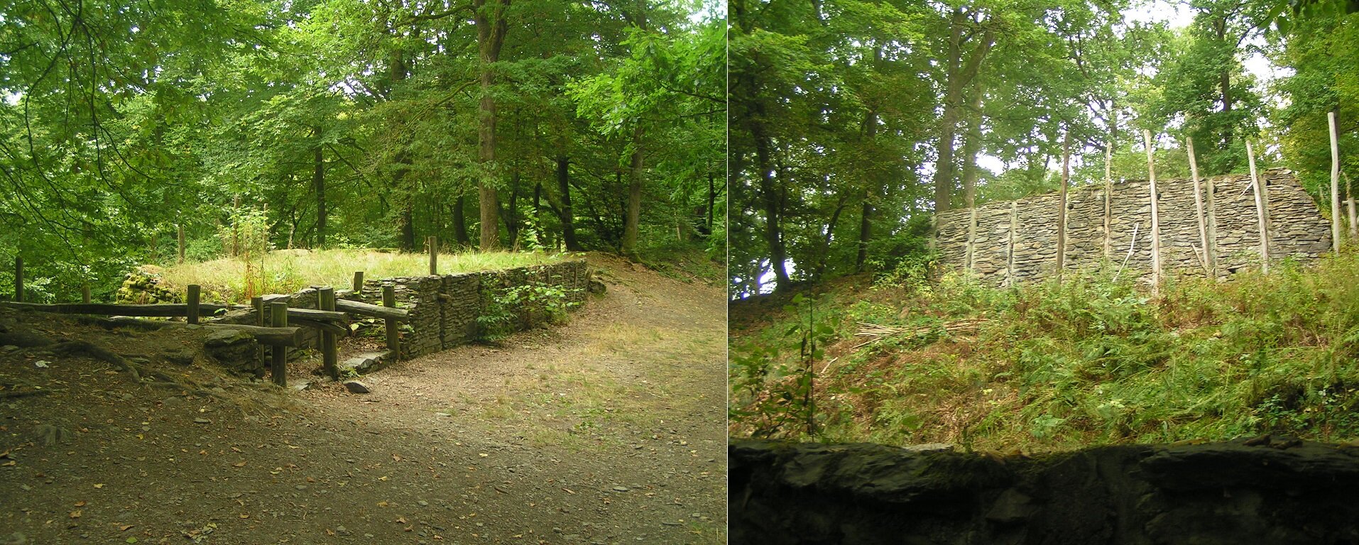 À gauche : les techniques de construction du rempart ; à droite : la muraille vue du dessous